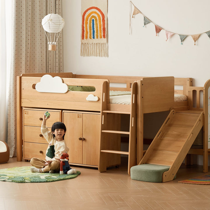 Scandinavian beech wood kids storage bed with slide and study desk cloud material variants.