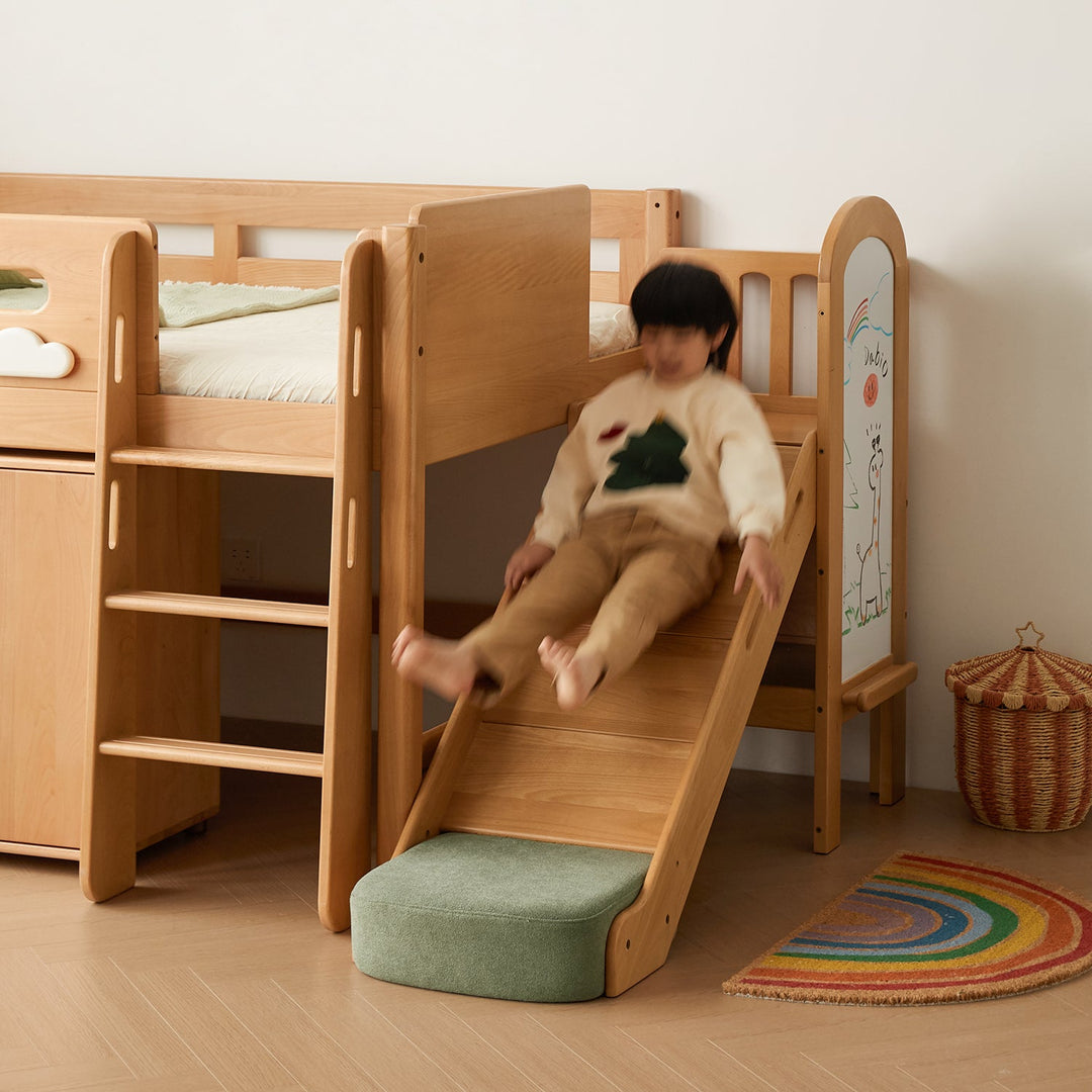 Scandinavian beech wood kids storage bed with slide and study desk cloud with context.