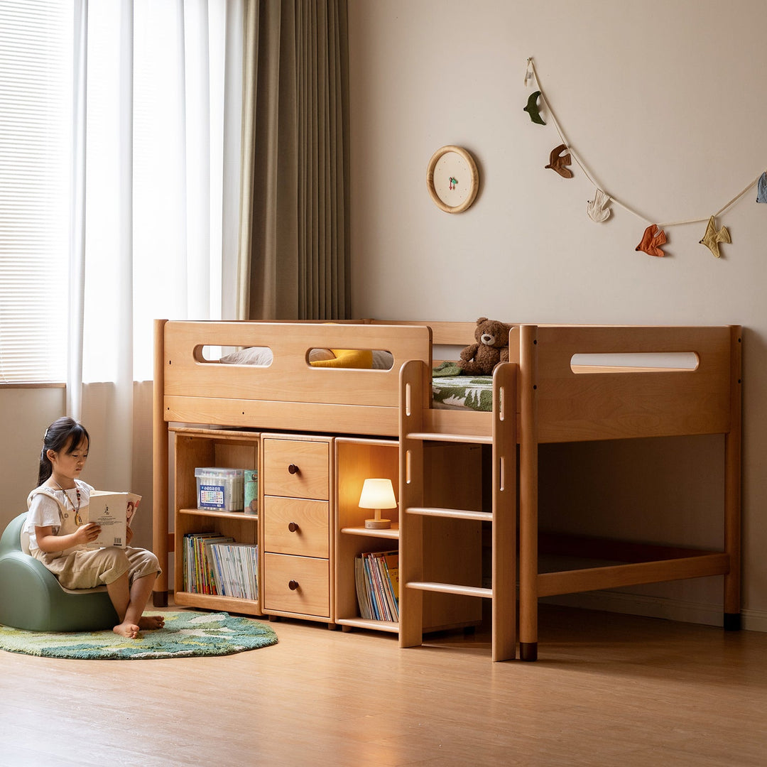 Scandinavian beech wood kids storage bed with study desk matchstick primary product view.