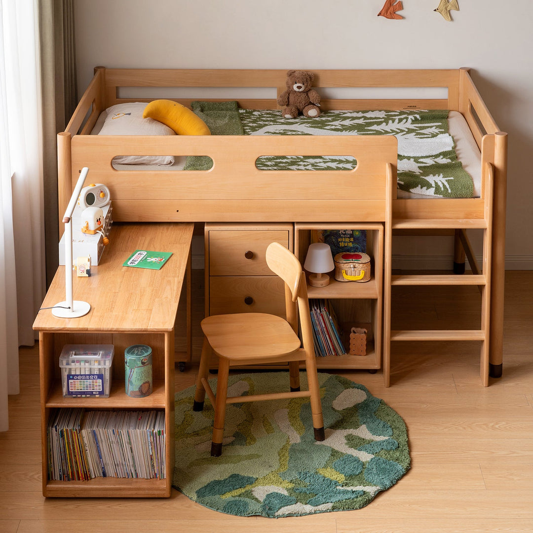 Scandinavian beech wood kids storage bed with study desk matchstick in still life.