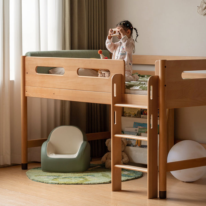 Scandinavian beech wood kids storage bed with study desk matchstick in details.