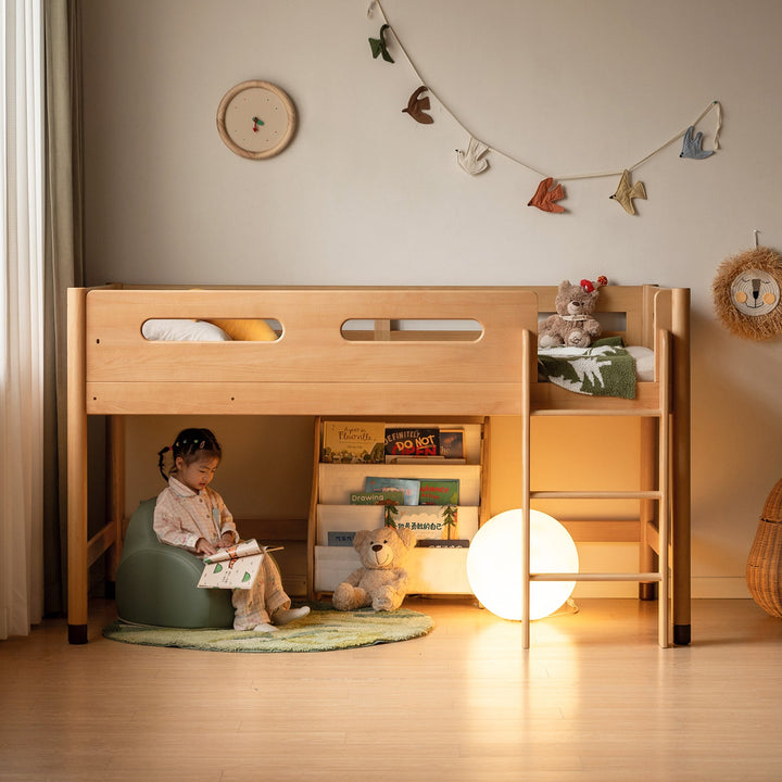 Scandinavian beech wood kids storage bed with study desk matchstick in close up details.