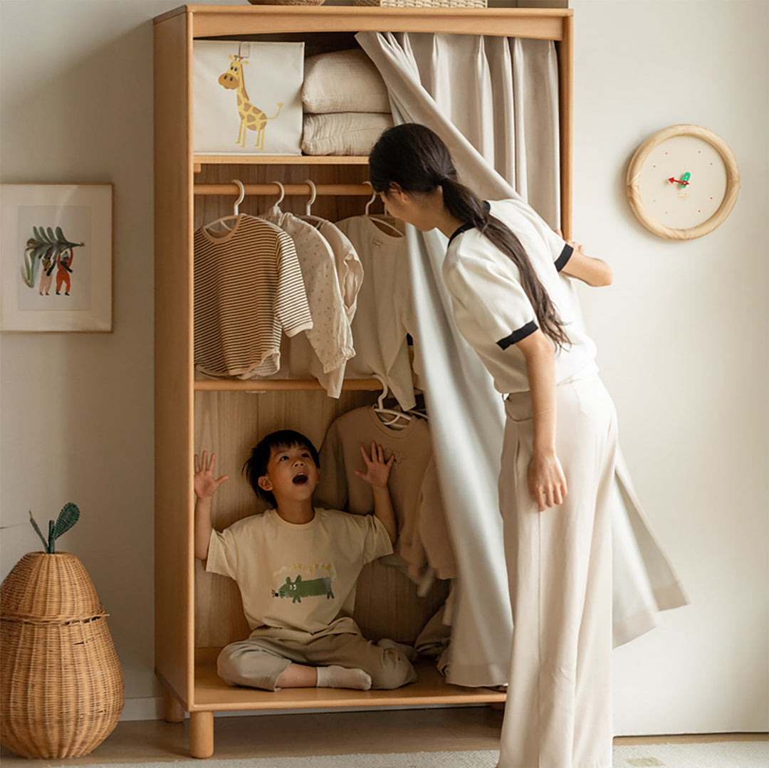 Scandinavian beech wood wardrobe peblo in panoramic view.