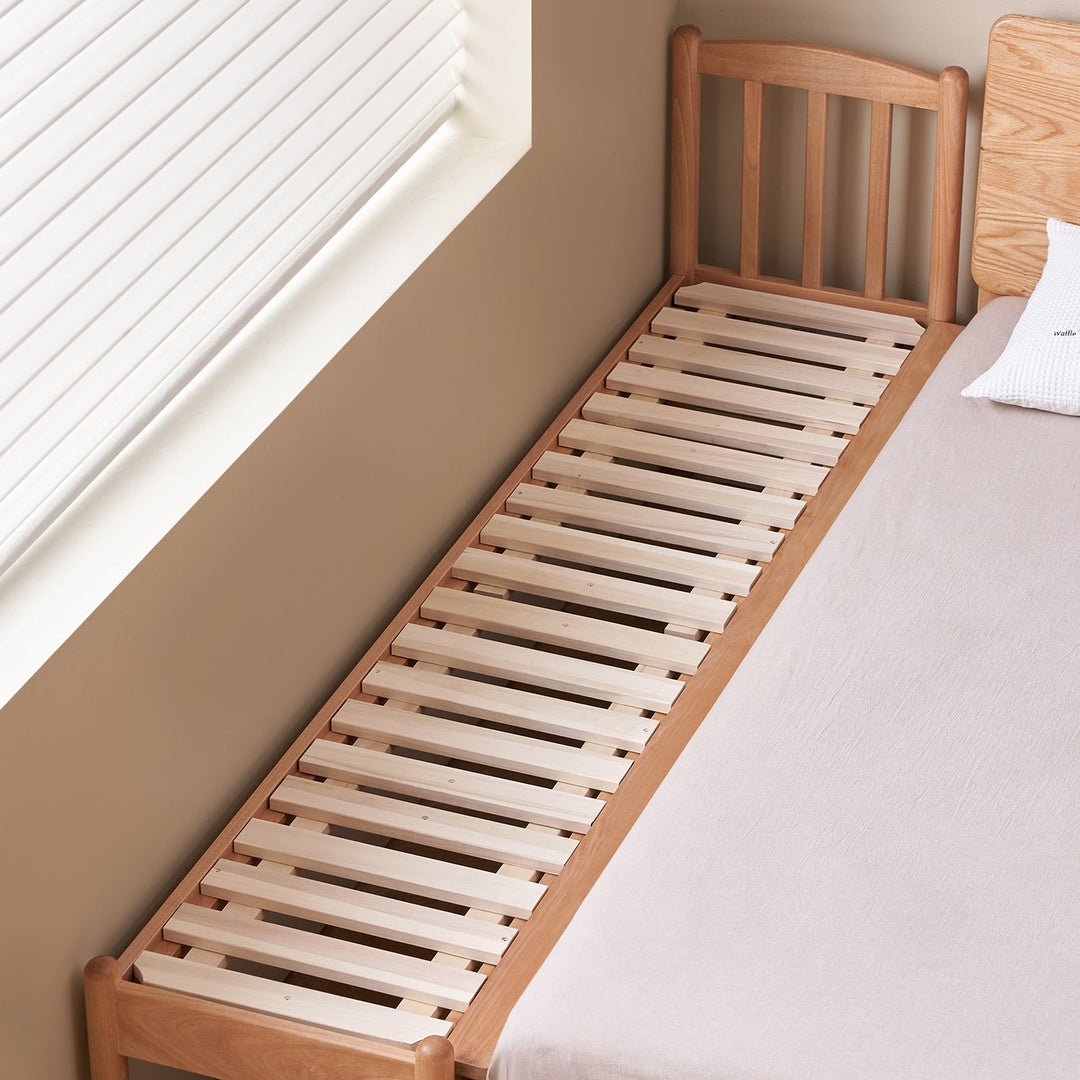 Scandinavian birch wood kids sidecar bed with mattress set mika with context.