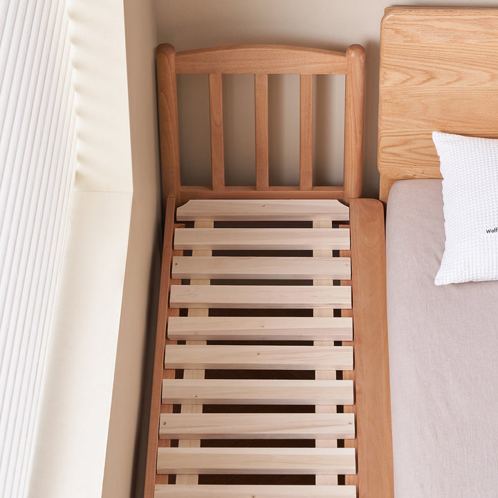 Scandinavian birch wood kids sidecar bed with mattress set mika in details.