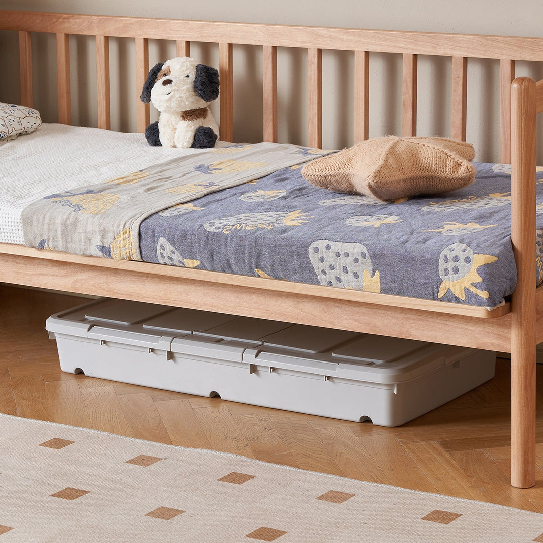 Scandinavian birch wood kids sidecar bed with mattress set myka in details.