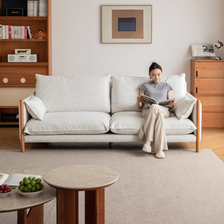 Scandinavian chenille velvet cherry wood 3 seater sofa sea salt primary product view.