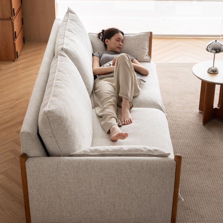 Scandinavian chenille velvet cherry wood 4 seater sofa sea salt with context.