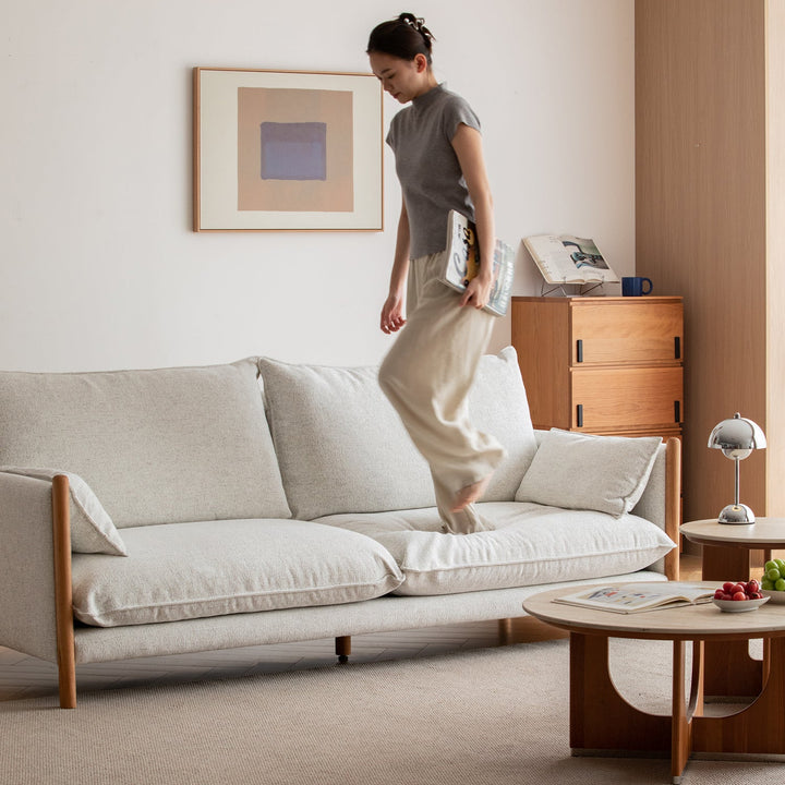 Scandinavian chenille velvet cherry wood 4 seater sofa sea salt in details.