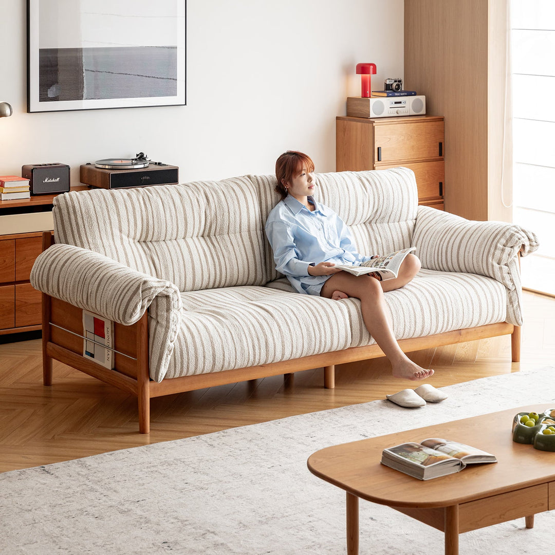 Scandinavian Chenille Velvet Fabric Cherry Wood 3 Seater Sofa OPEN BACKED