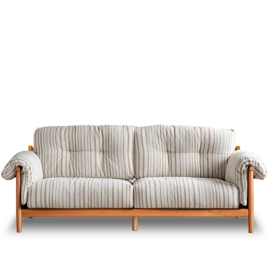 Scandinavian chenille velvet fabric cherry wood 3 seater sofa open backed in white background.