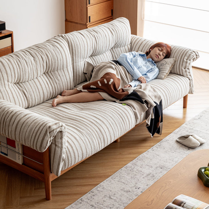 Scandinavian Chenille Velvet Fabric Cherry Wood 3 Seater Sofa OPEN BACKED