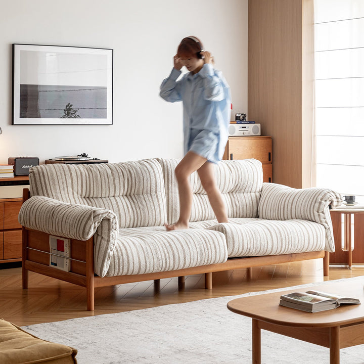 Scandinavian Chenille Velvet Fabric Cherry Wood 3 Seater Sofa OPEN BACKED