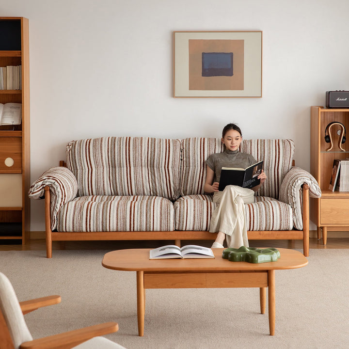 Scandinavian Chenille Velvet Fabric Cherry Wood 3 Seater Sofa OPEN BACKED