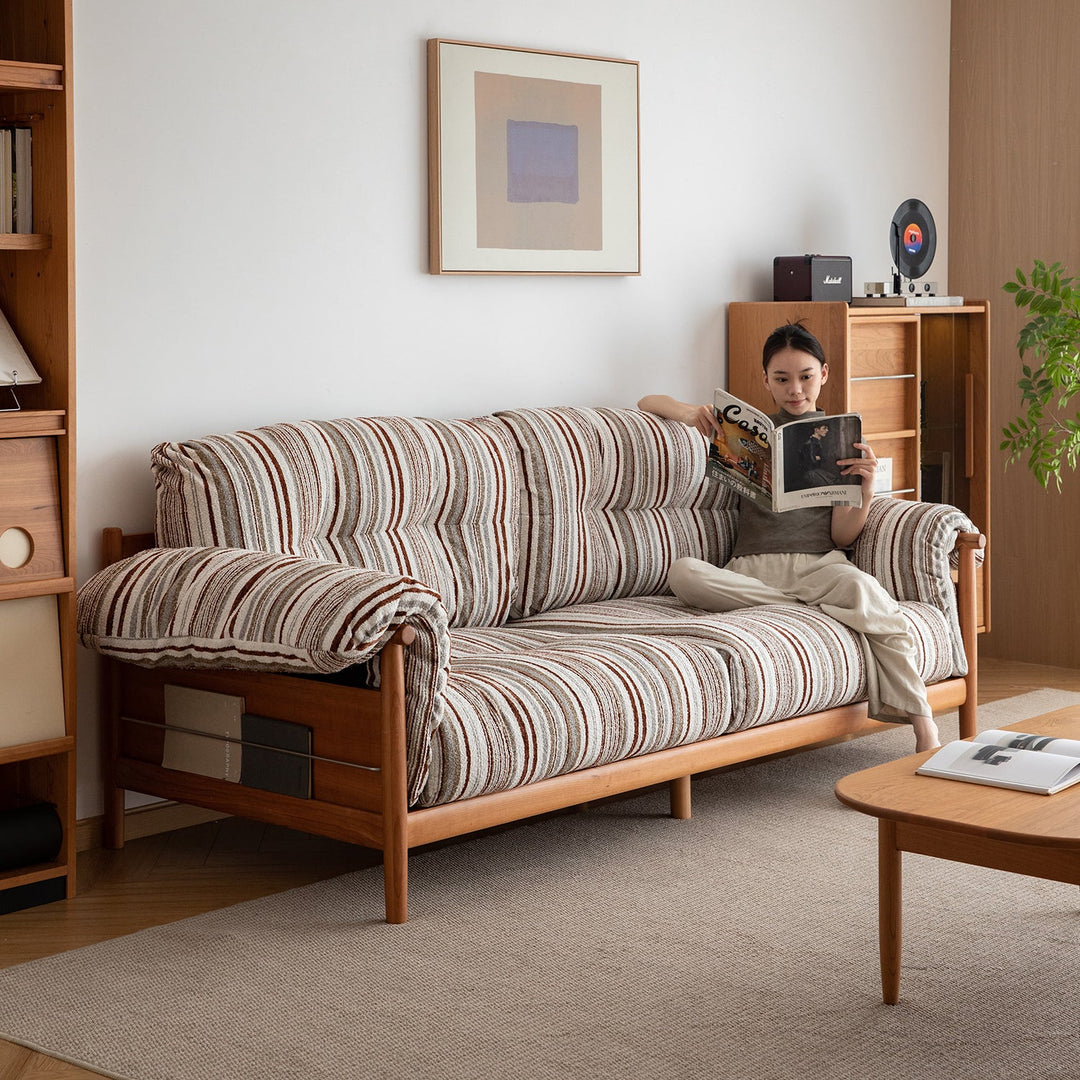 Scandinavian Chenille Velvet Fabric Cherry Wood 3 Seater Sofa OPEN BACKED