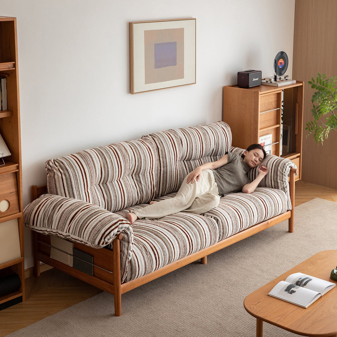 Scandinavian Chenille Velvet Fabric Cherry Wood 3 Seater Sofa OPEN BACKED