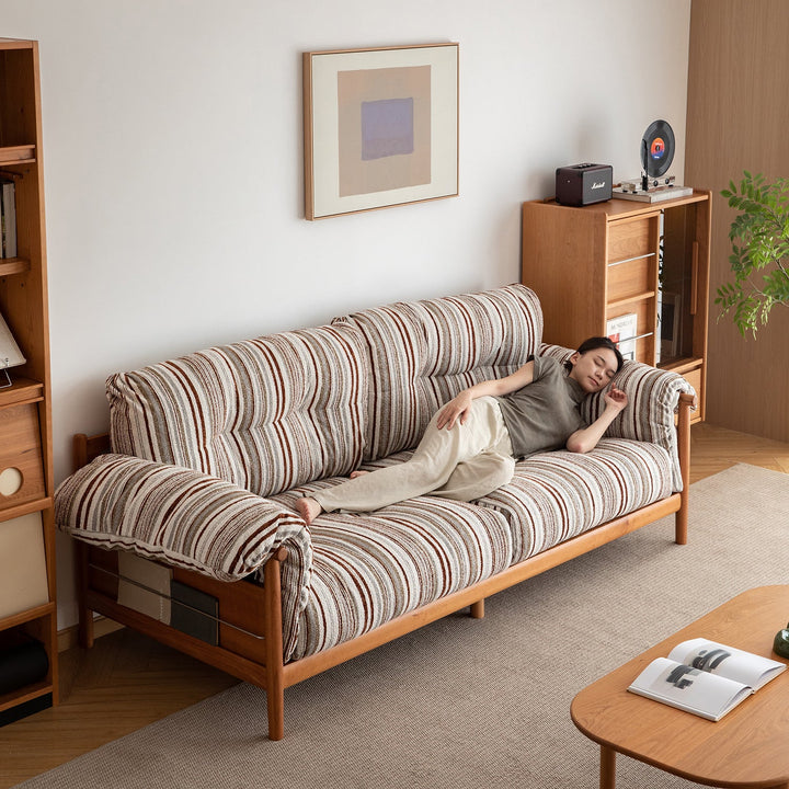 Scandinavian Chenille Velvet Fabric Cherry Wood 3 Seater Sofa OPEN BACKED