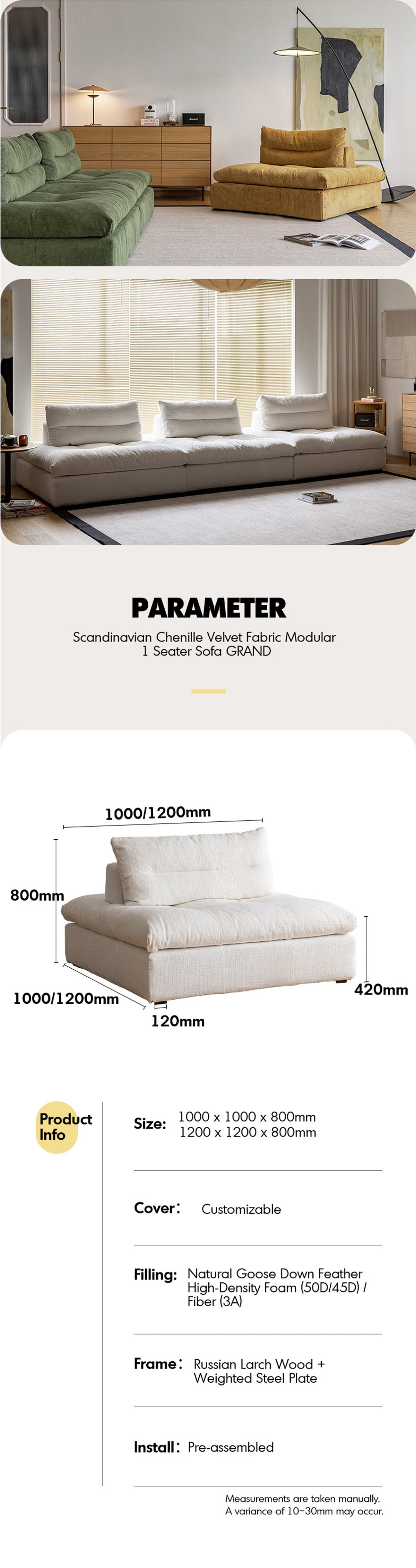 Scandinavian Chenille Velvet Fabric Modular 1 Seater Sofa GRAND More Details and Instruction_12