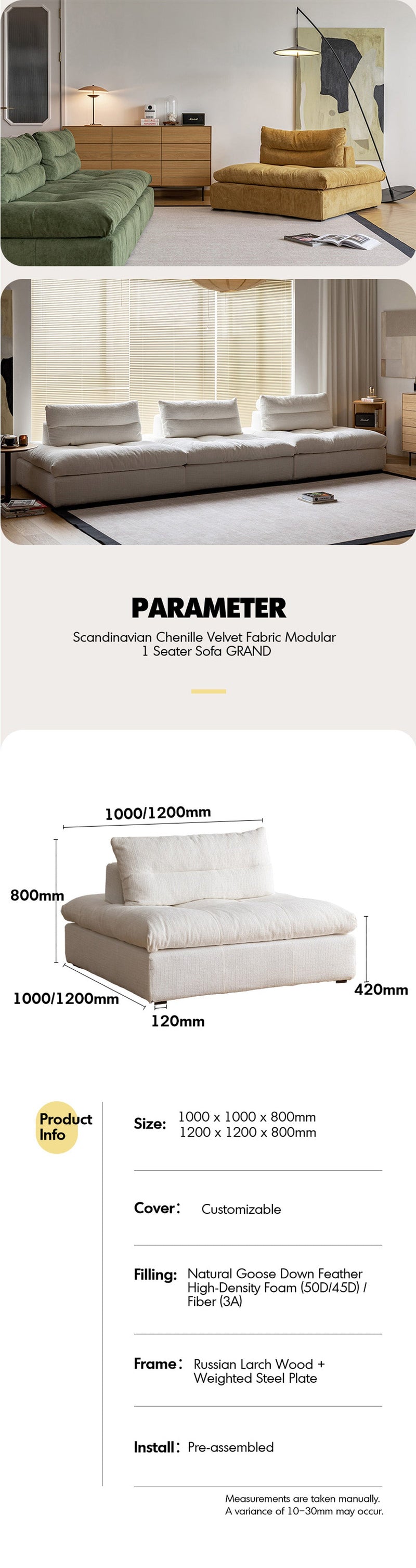 Scandinavian Chenille Velvet Fabric Modular 1 Seater Sofa GRAND More Details and Instruction_12