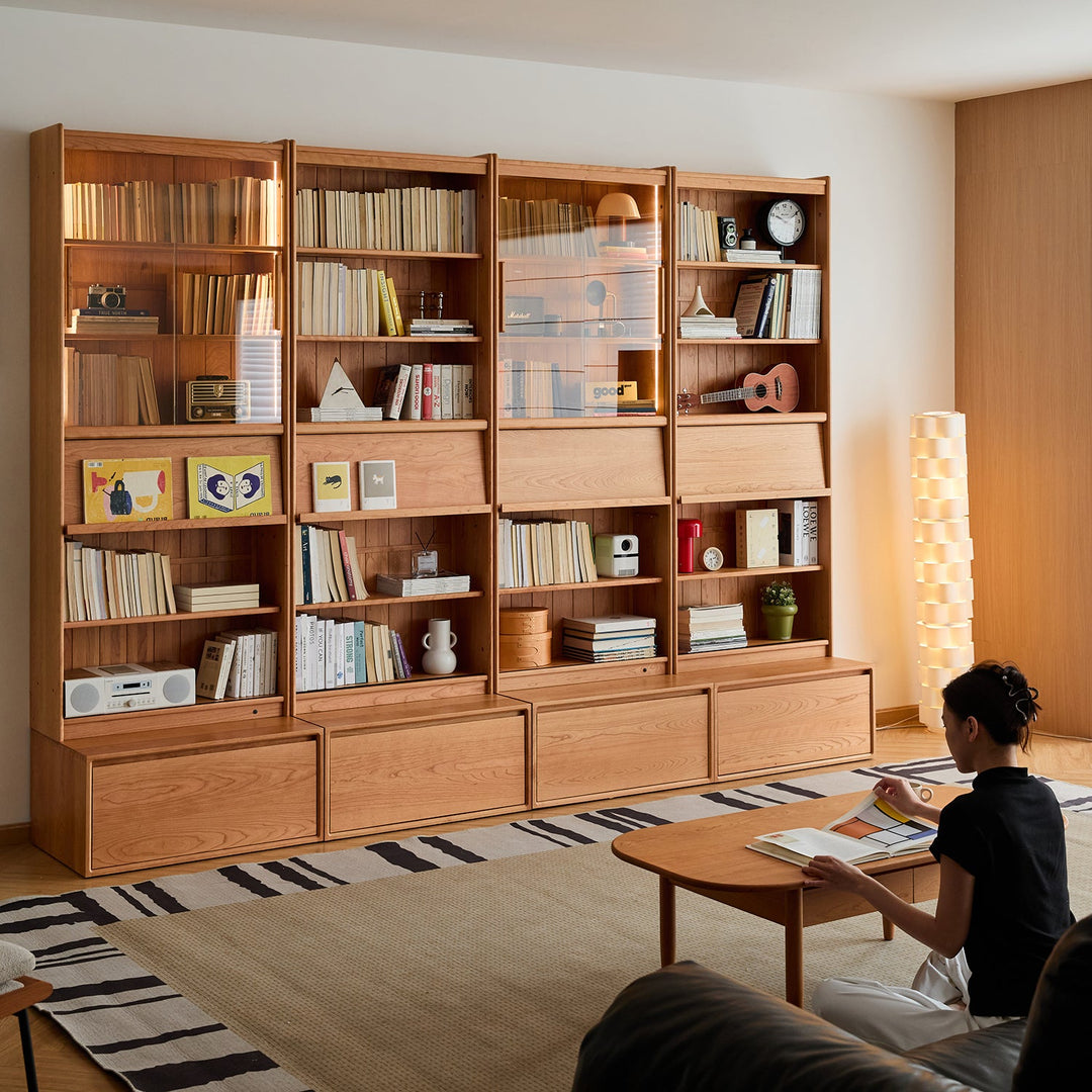 Scandinavian cherry wood bookshelf vista size charts.