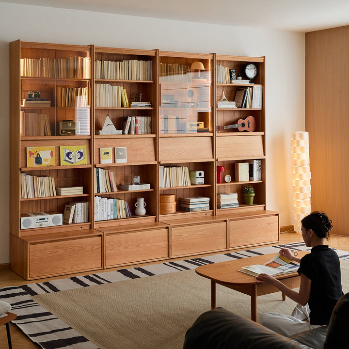 Scandinavian cherry wood bookshelf vista size charts.