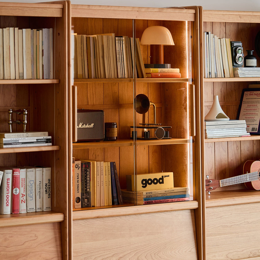 Scandinavian cherry wood bookshelf vista in real life style.