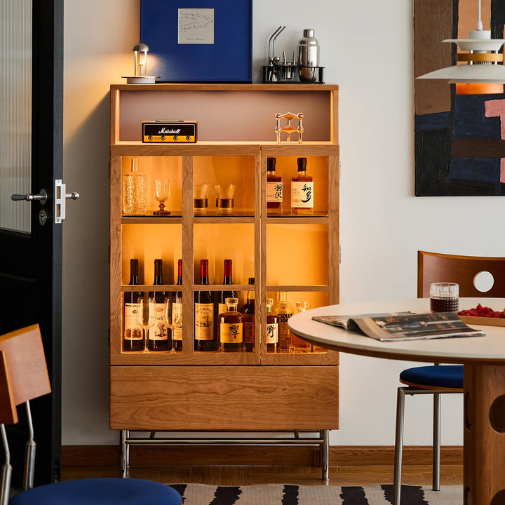 Bauhaus cherry wood display cabinet time in panoramic view.