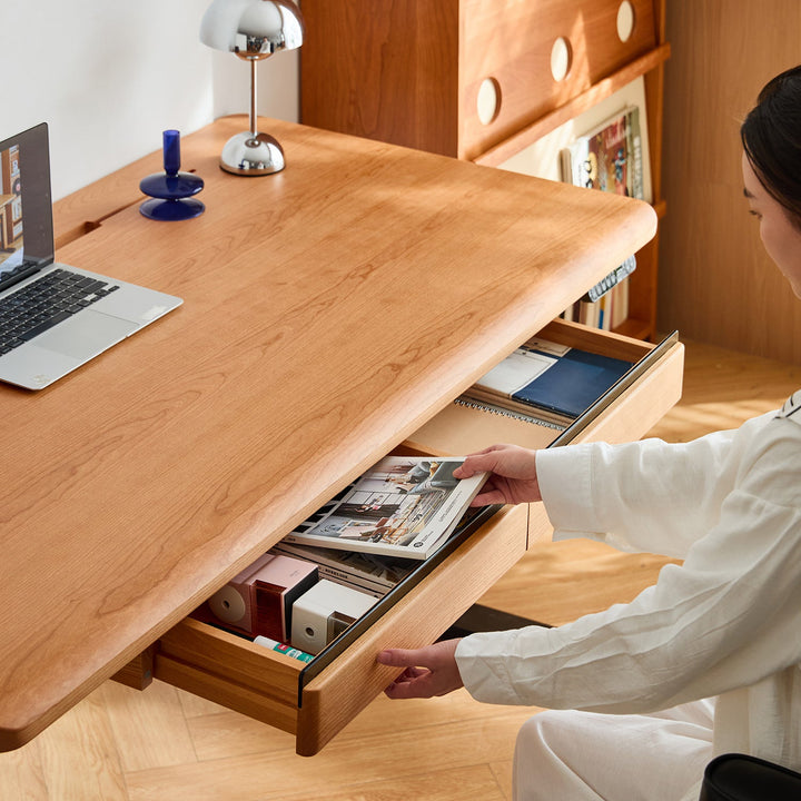 Scandinavian cherry wood electric height adjustable study table cloud lifting in details.