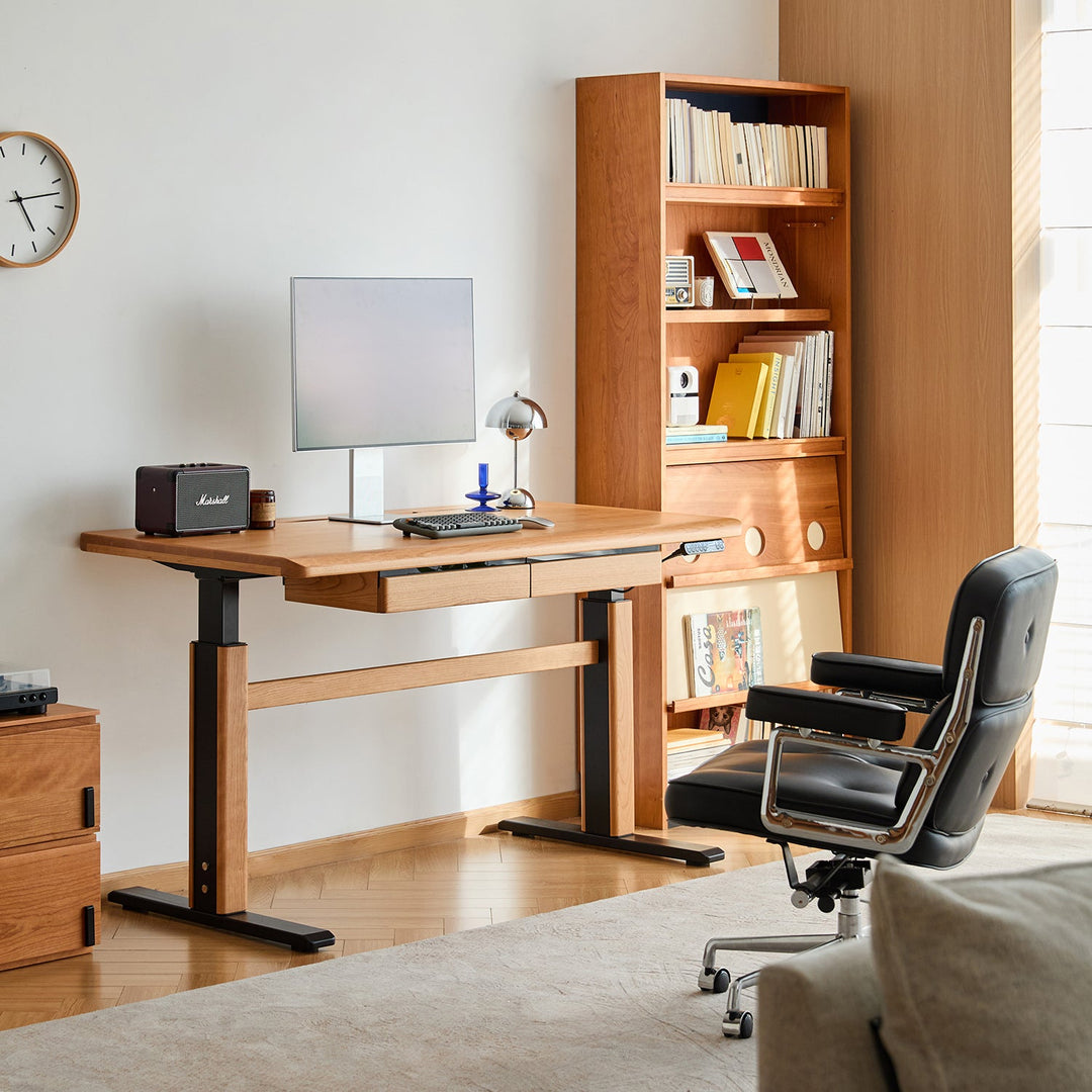 Scandinavian cherry wood electric height adjustable study table cloud lifting in panoramic view.
