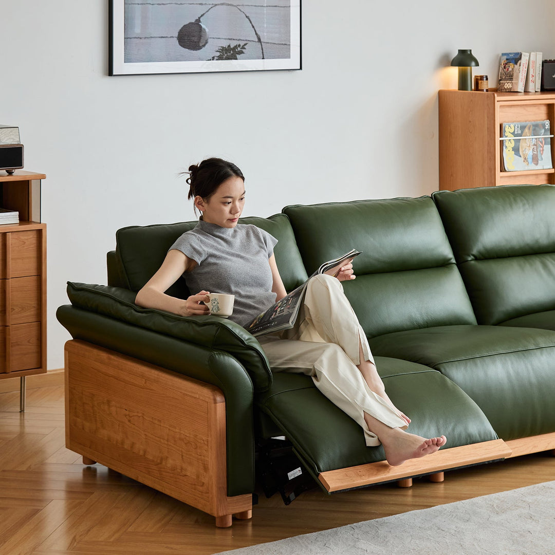 Scandinavian cherry wood genuine leather electric recliner 3 seater sofa edgeless primary product view.
