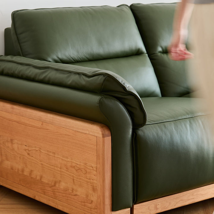 Scandinavian cherry wood genuine leather electric recliner 3 seater sofa edgeless in real life style.