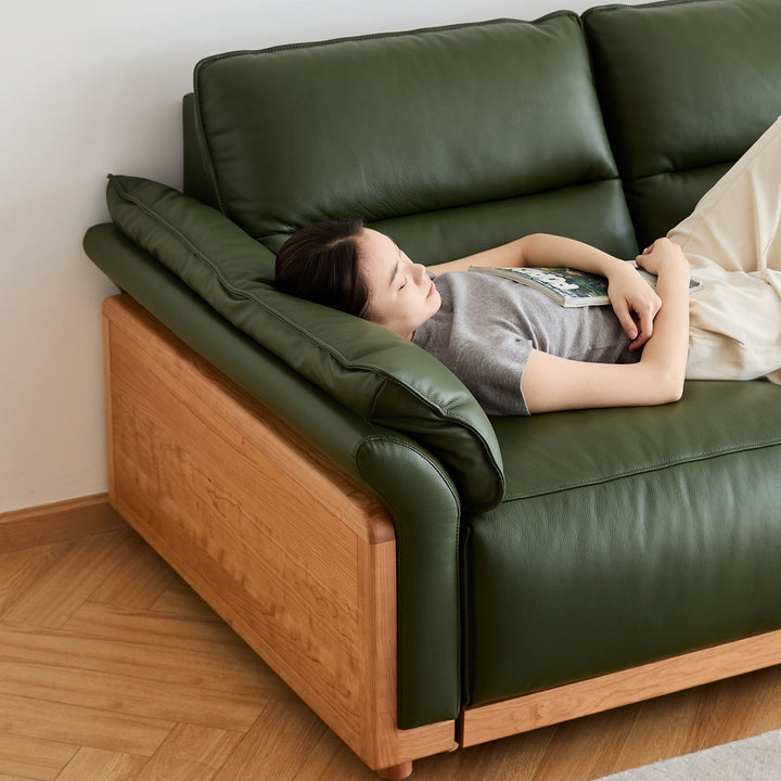 Scandinavian cherry wood genuine leather electric recliner 3 seater sofa edgeless with context.