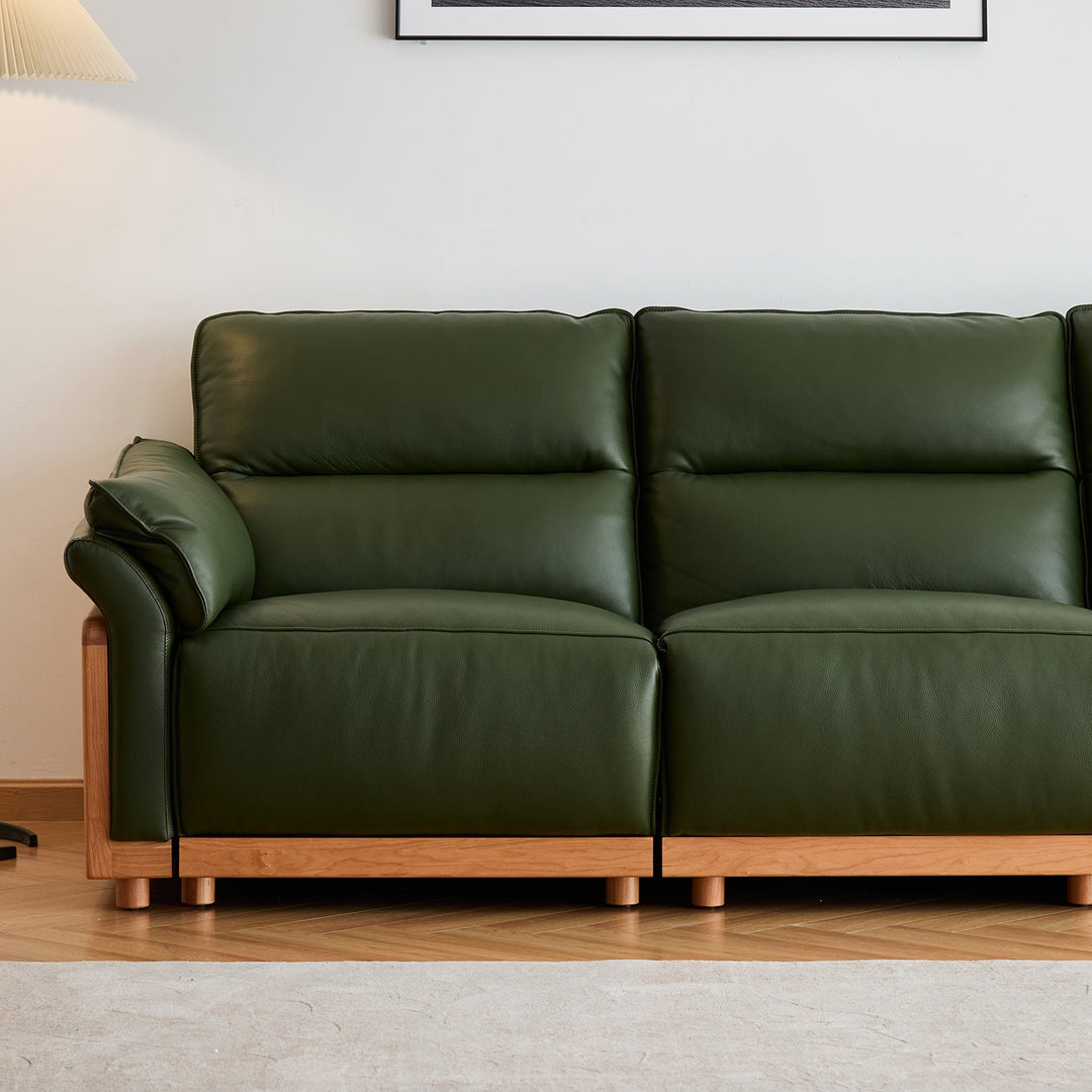 Scandinavian cherry wood genuine leather electric recliner 3 seater sofa edgeless in details.