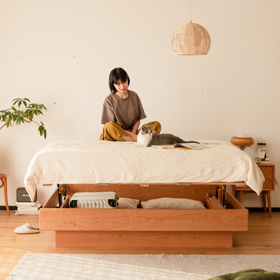 Scandinavian Cherry Wood Lift-Up Storage Platform Bed  BLUE WHALE