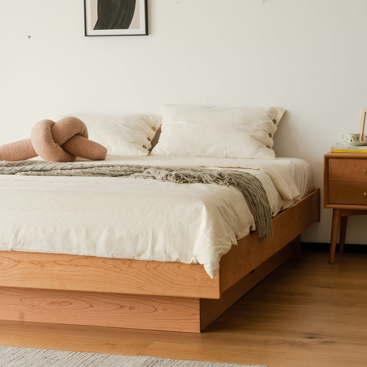 Scandinavian Cherry Wood Lift-Up Storage Platform Bed  BLUE WHALE