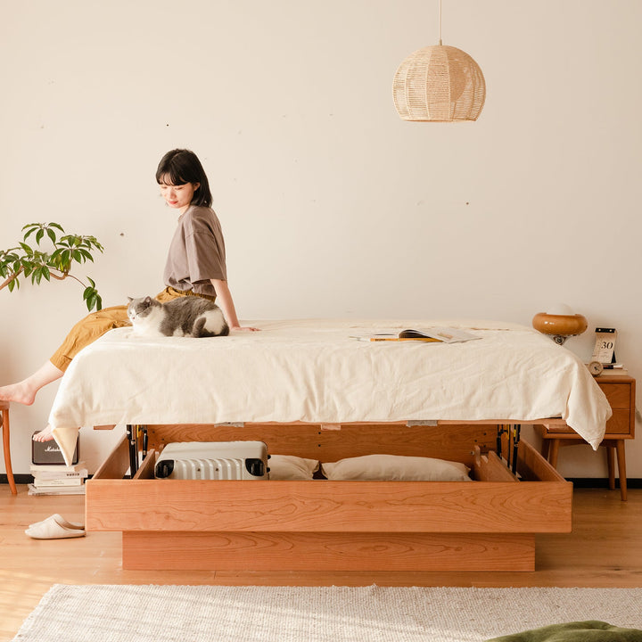 Scandinavian Cherry Wood Lift-Up Storage Platform Bed  BLUE WHALE