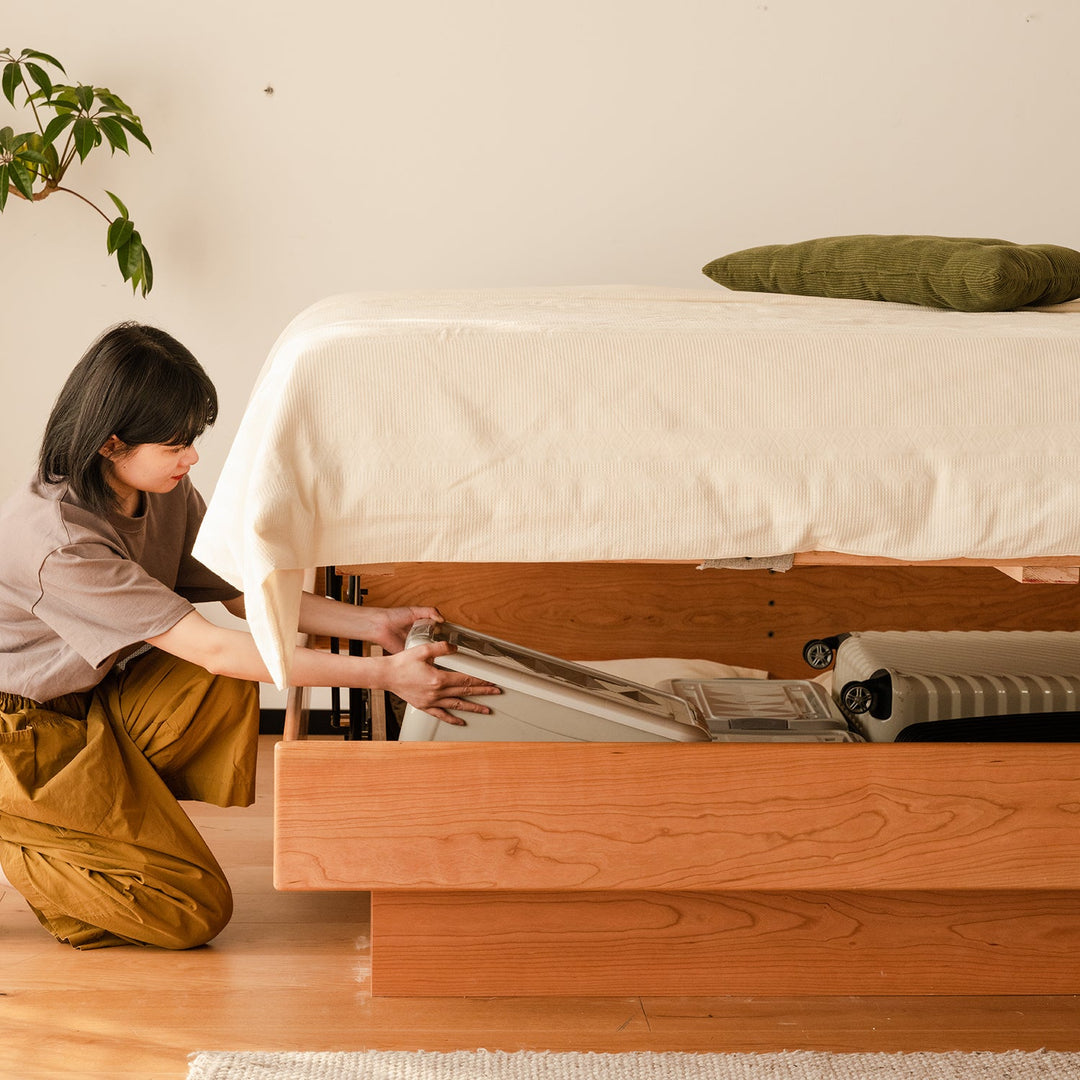 Scandinavian Cherry Wood Lift-Up Storage Platform Bed  BLUE WHALE