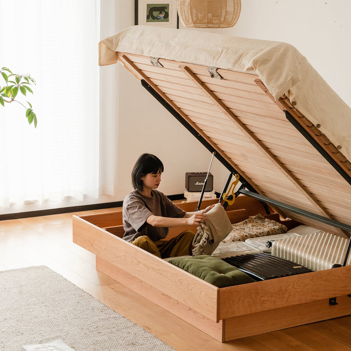 Scandinavian Cherry Wood Lift-Up Storage Platform Bed  BLUE WHALE