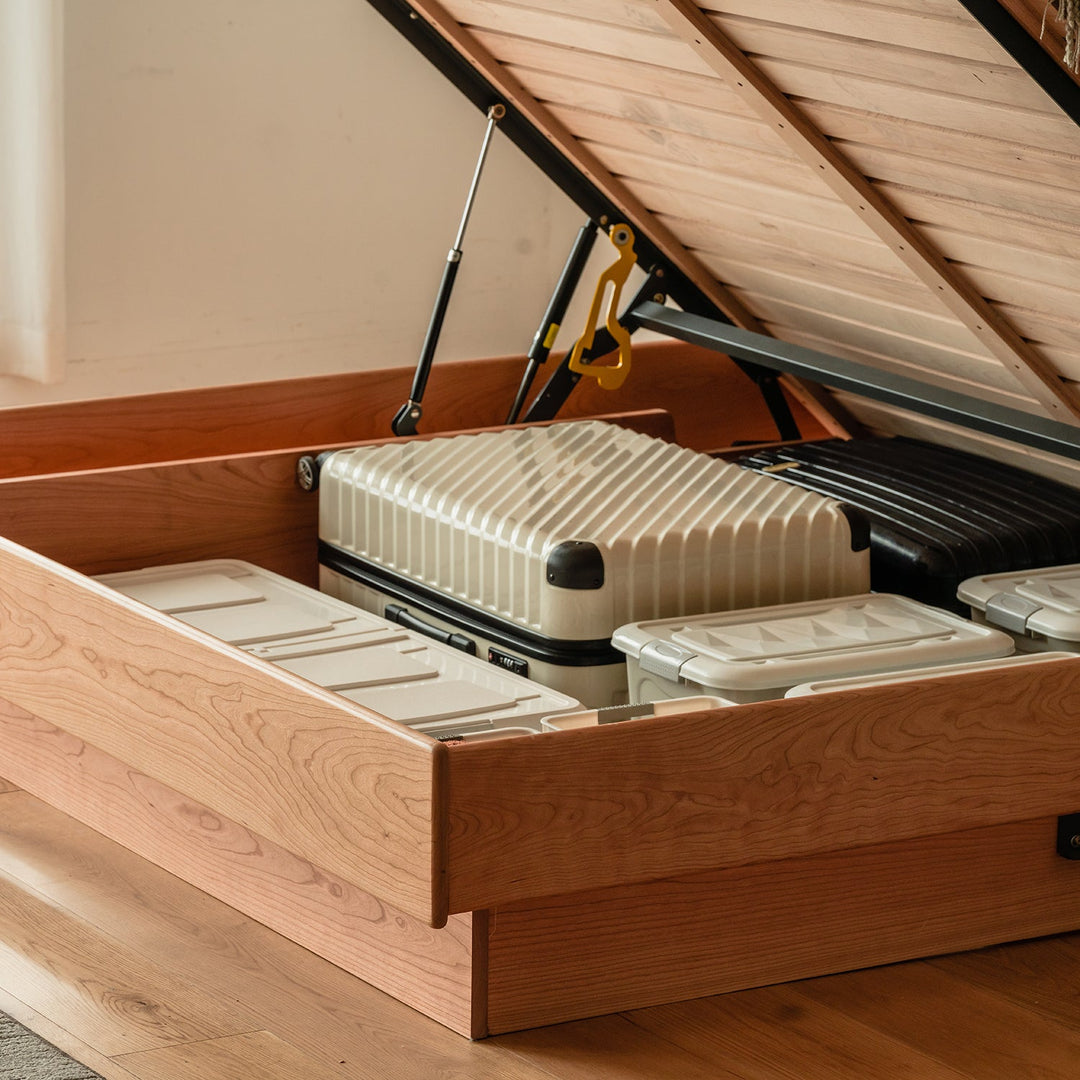 Scandinavian Cherry Wood Lift-Up Storage Platform Bed  BLUE WHALE