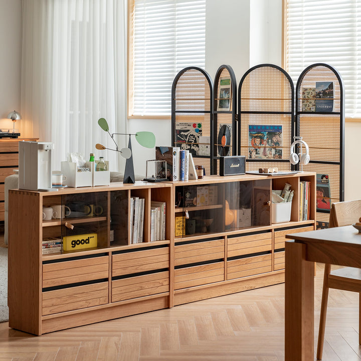 Scandinavian cherry wood modular cabinet grove in real life style.