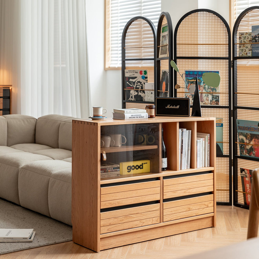 Scandinavian cherry wood modular cabinet grove with context.