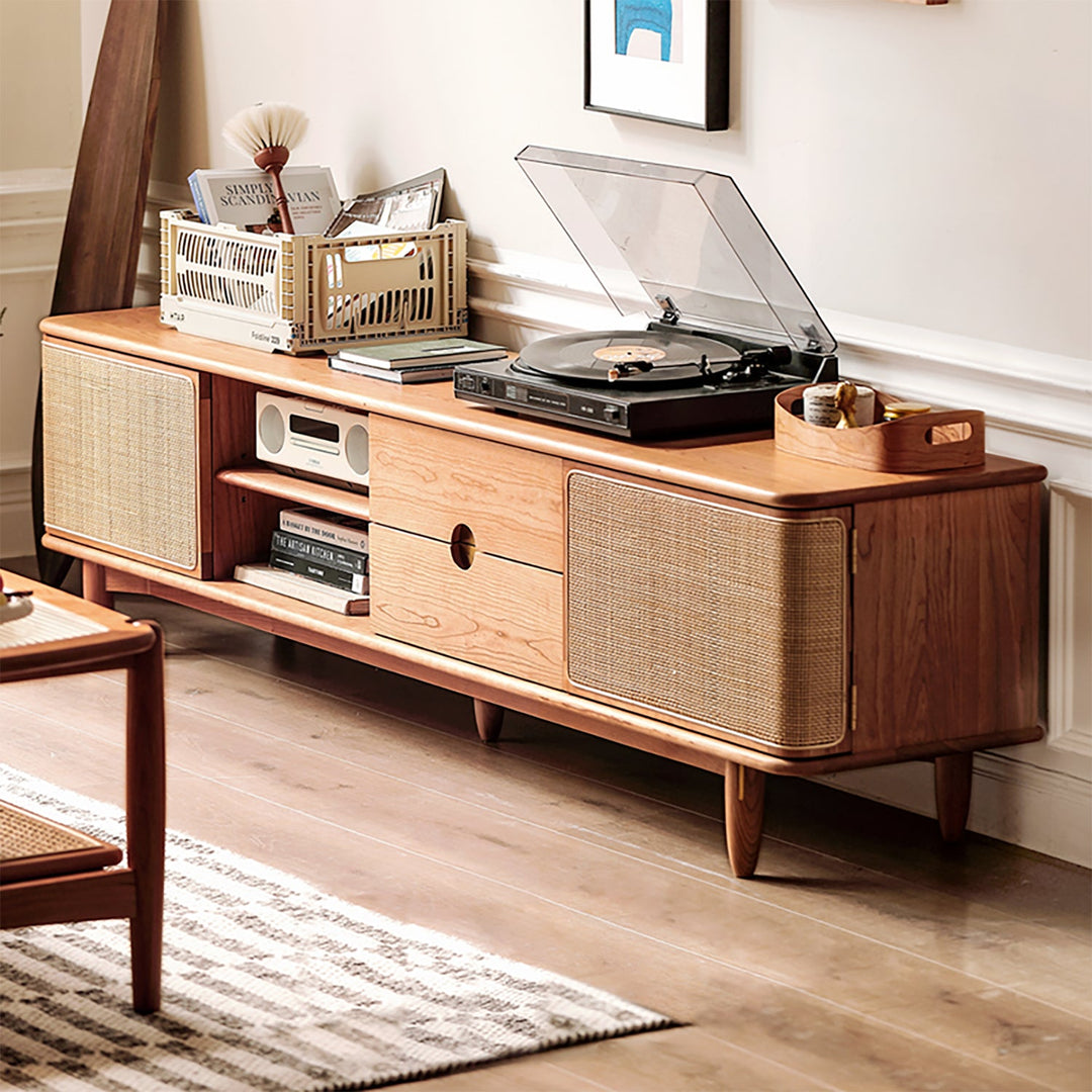Scandinavian Cherry Wood Rattan TV Console RIVO