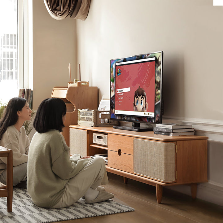 Scandinavian Cherry Wood Rattan TV Console RIVO
