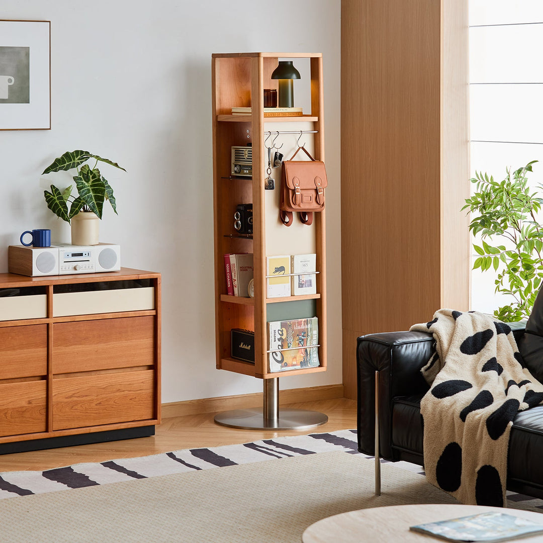 Scandinavian cherry wood revolving shelf with mirror timeless in real life style.