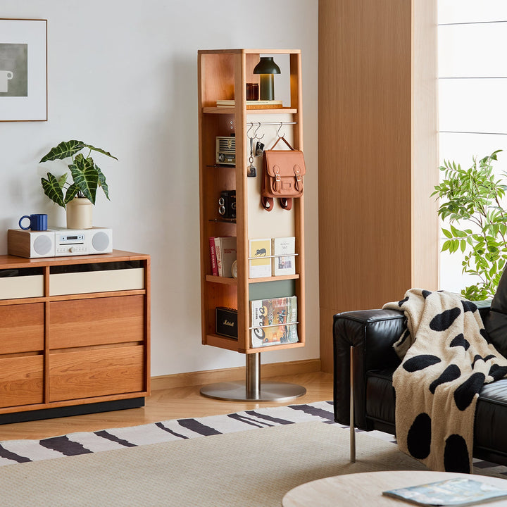 Scandinavian cherry wood revolving shelf with mirror timeless in real life style.