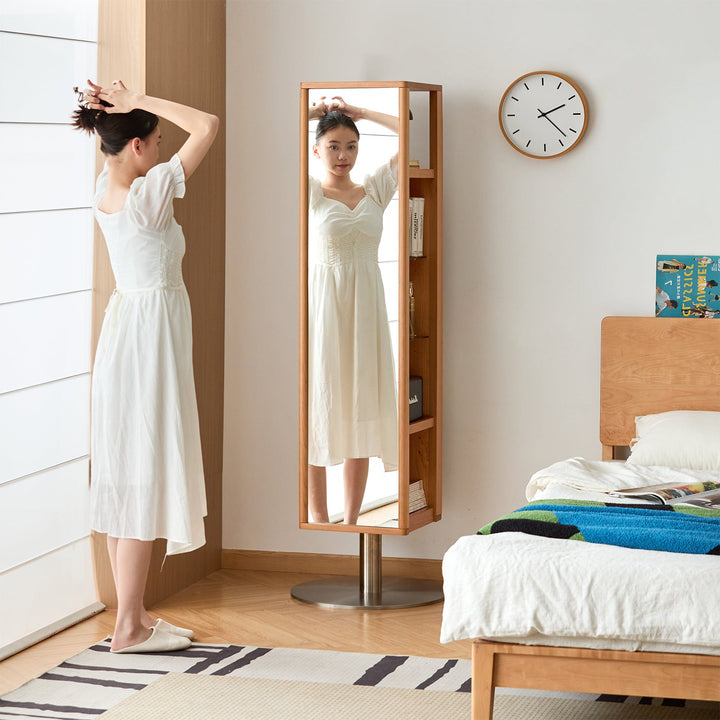 Scandinavian cherry wood revolving shelf with mirror timeless with context.