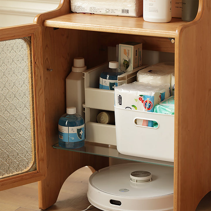 Scandinavian cherry wood robot vacuum cabinet cado in real life style.