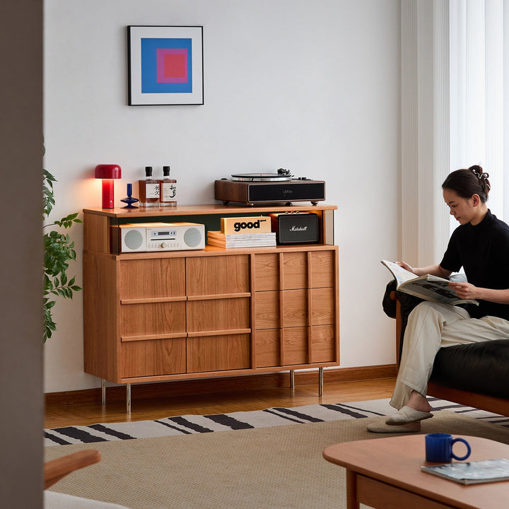 Scandinavian cherry wood side cabinet blue mountain material variants.