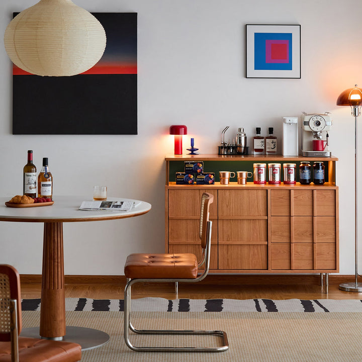 Scandinavian cherry wood side cabinet blue mountain with context.
