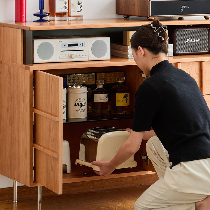 Scandinavian cherry wood side cabinet blue mountain in panoramic view.